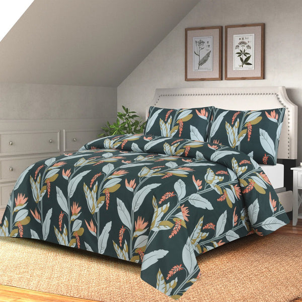 Moss Green Printed Bed Sheet Set – King Size