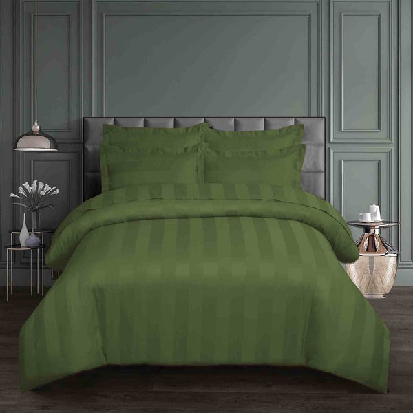 Luxury Stripe Satin Bedding Set – Olive Green| 6-Piece, King Size, Super Soft Fabric