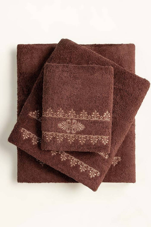 Brown 3-Piece Combed Embroidered Towel Set